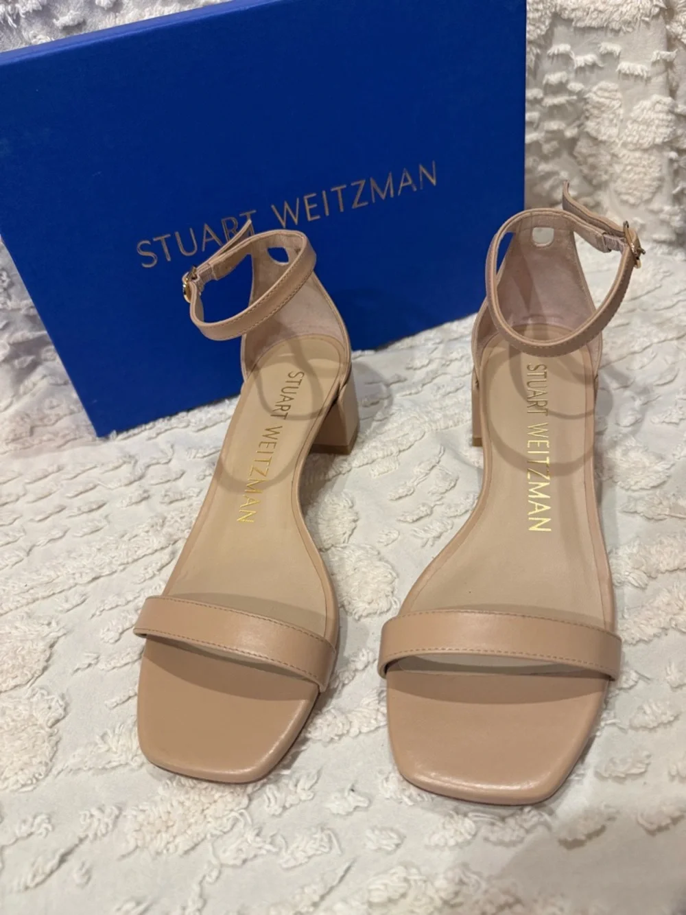 Stuart Weitzman Beige Ankle-Strap Block Heel Sandals 625